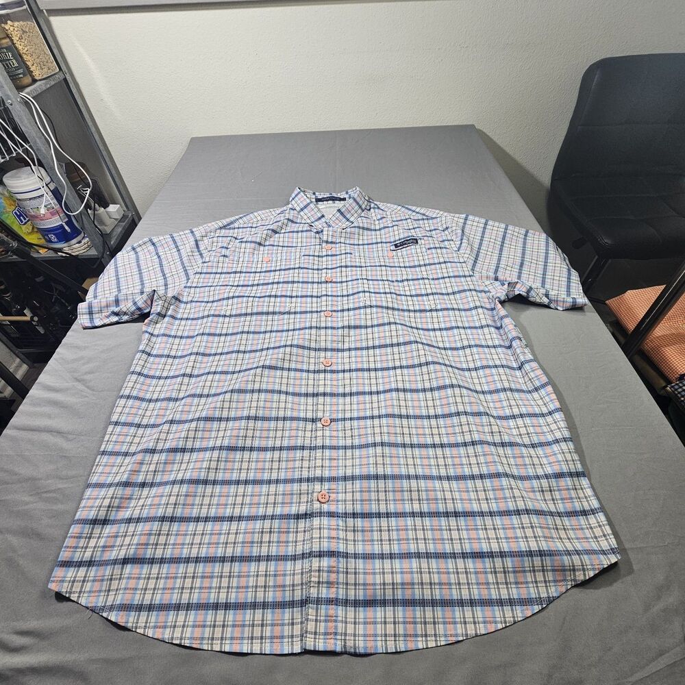 Columbia PFG Super Tamiami Shirt Mens 2XL Plaid Fishing Short Sleeve Blue pink